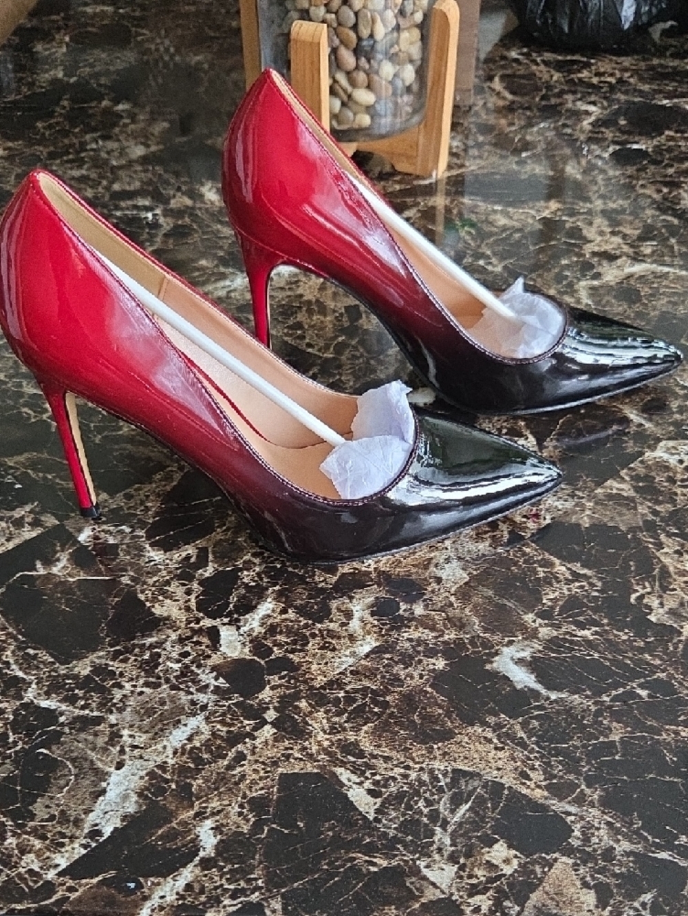 Two-Tone Red and Black Patent Pointed Toe Stiletto Heels - Picture 2 of 5